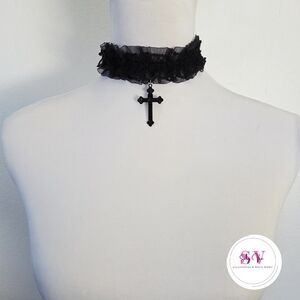 Black Lace Choker Necklace with Cross Pendant